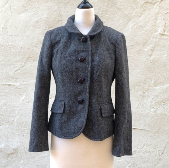 J.Crew VINTAGE Black Bella Herringbone Fiona 100% Wool Blazer Jacket Coat | sz 4 - Picture 1 of 16